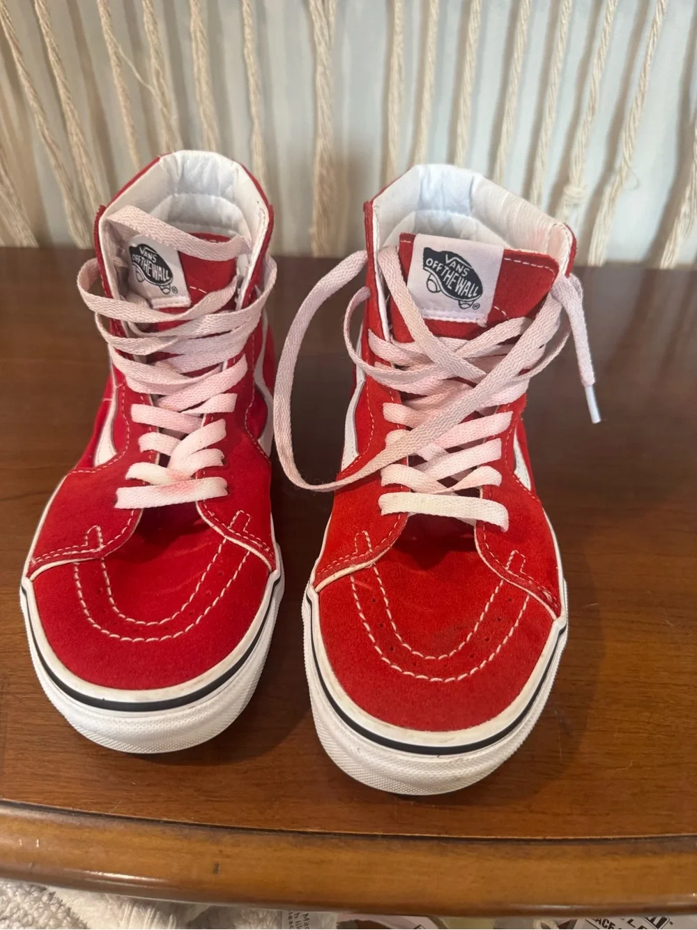 Vans Red and White Low-Top Skate Sneakers with Pink Laces